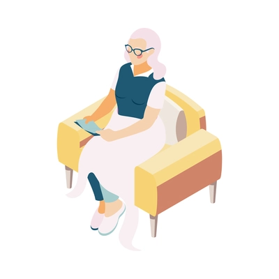 Isometric senior woman reading book in armchair 3d vector illustration