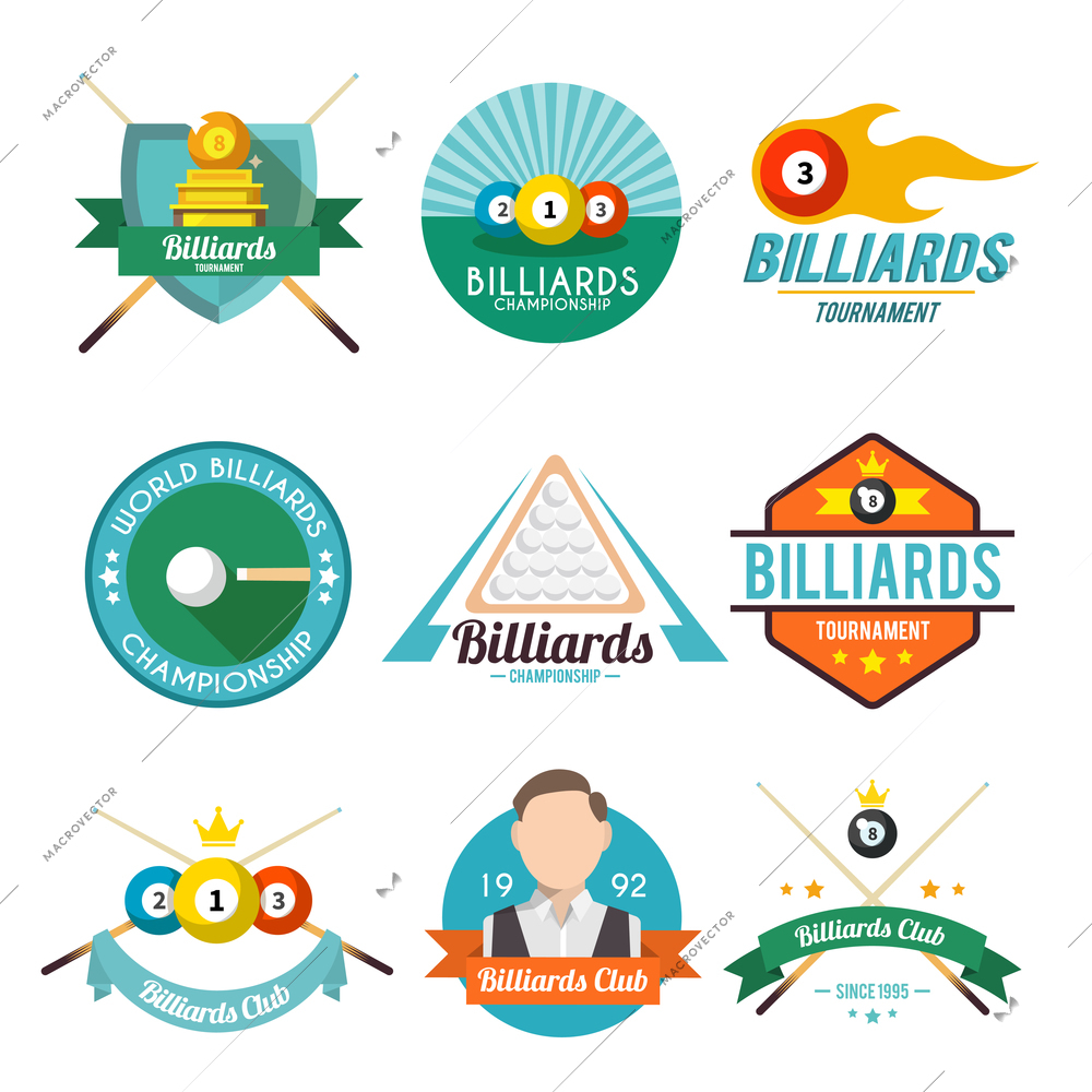 Billiard tournament world club championship label set isolated vector illustration