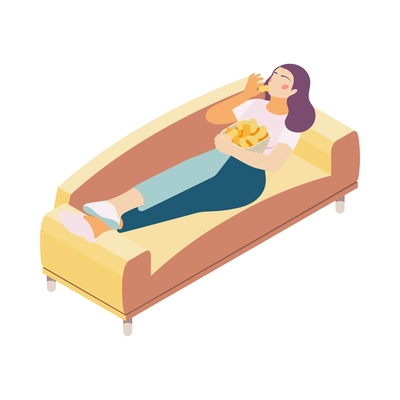 Sedentary lifestyle isometric concept with woman lying on sofa and eating junk food 3d vector illustration