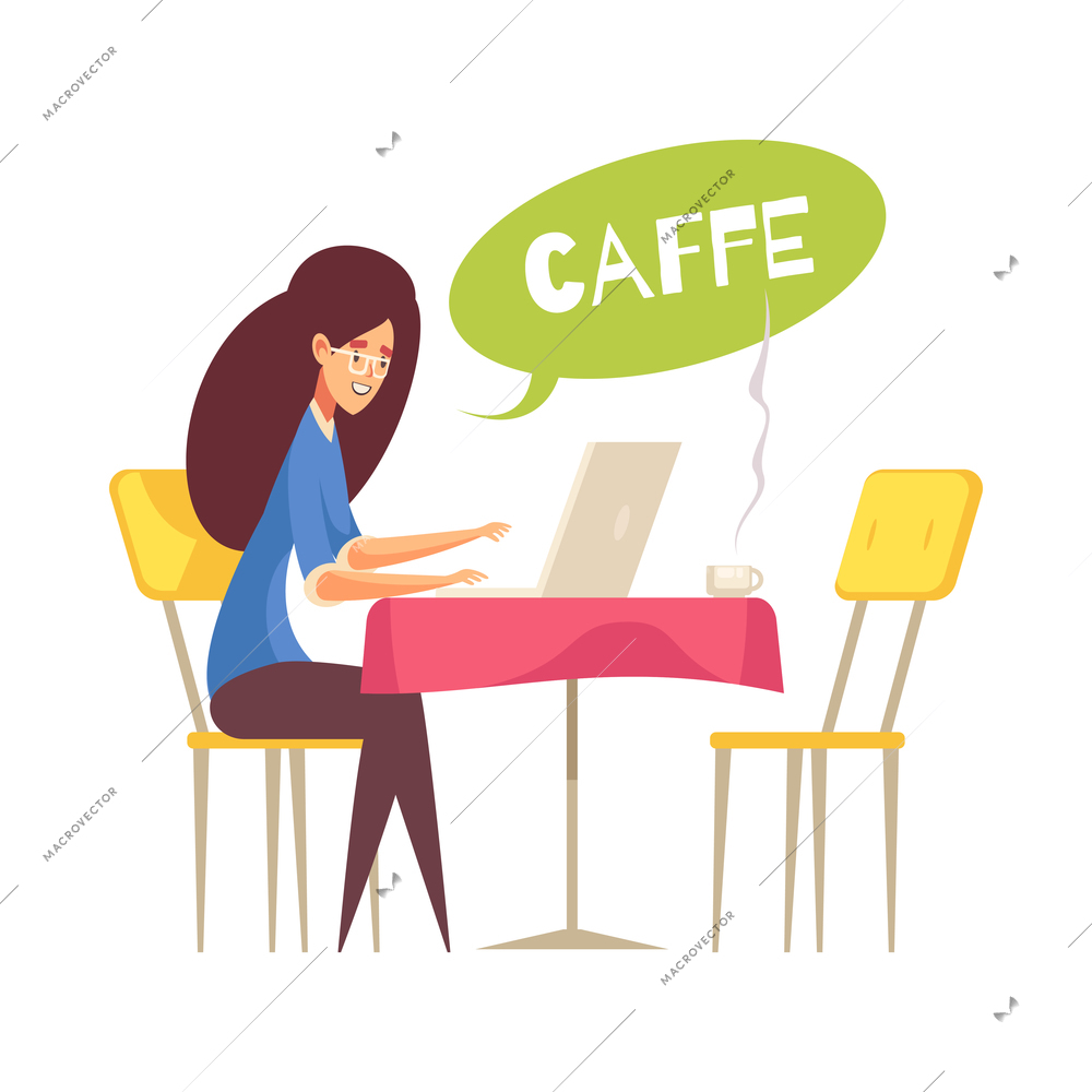 Happy woman freelancer working on laptop at cafe cartoon vector illustration