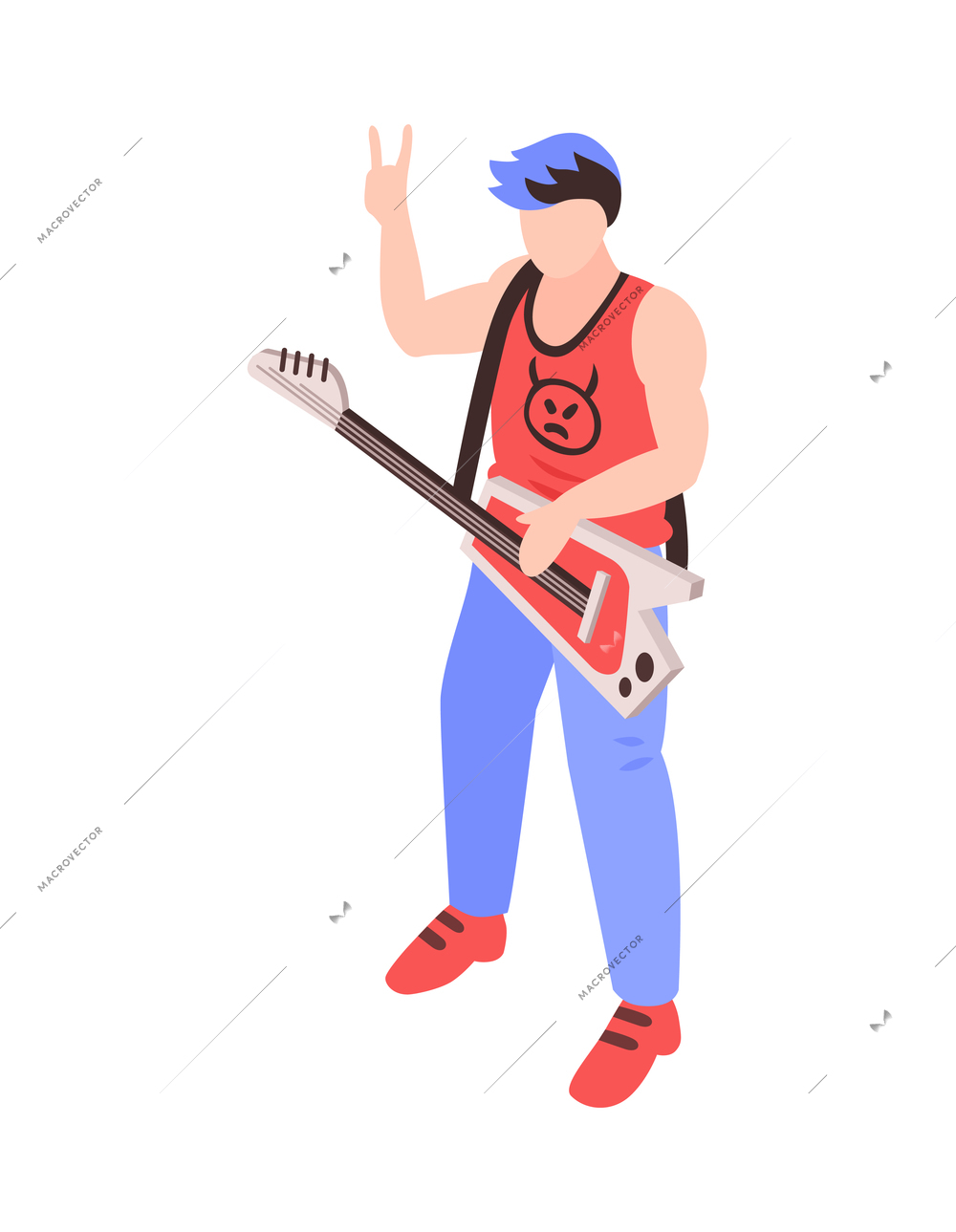 Guitarist with blue hair performing at rock concert 3d isometric vector illustration