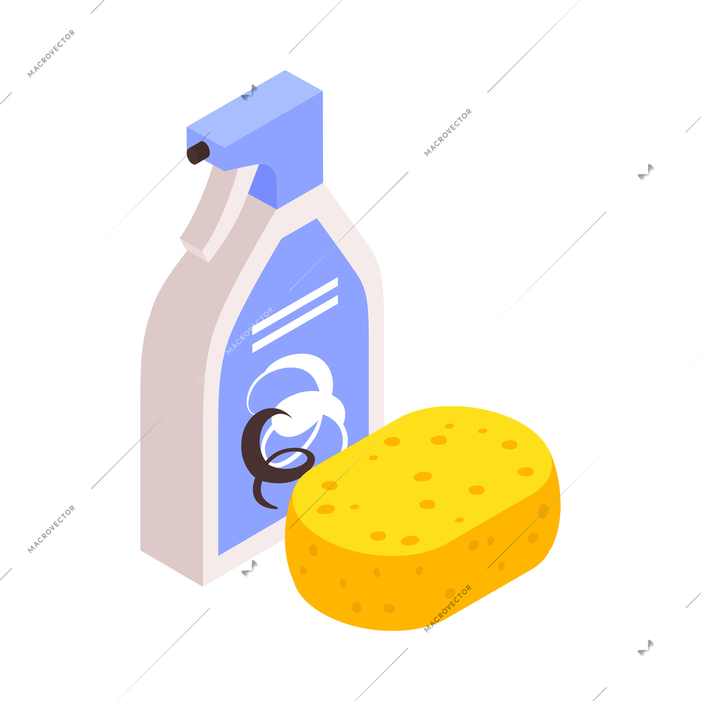 Isometric cleaning tools with yellow sponge and spray bottle 3d vector illustration