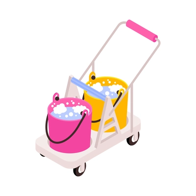 Isometric cleaner trolley with two buckets with foam water 3d vector illustration