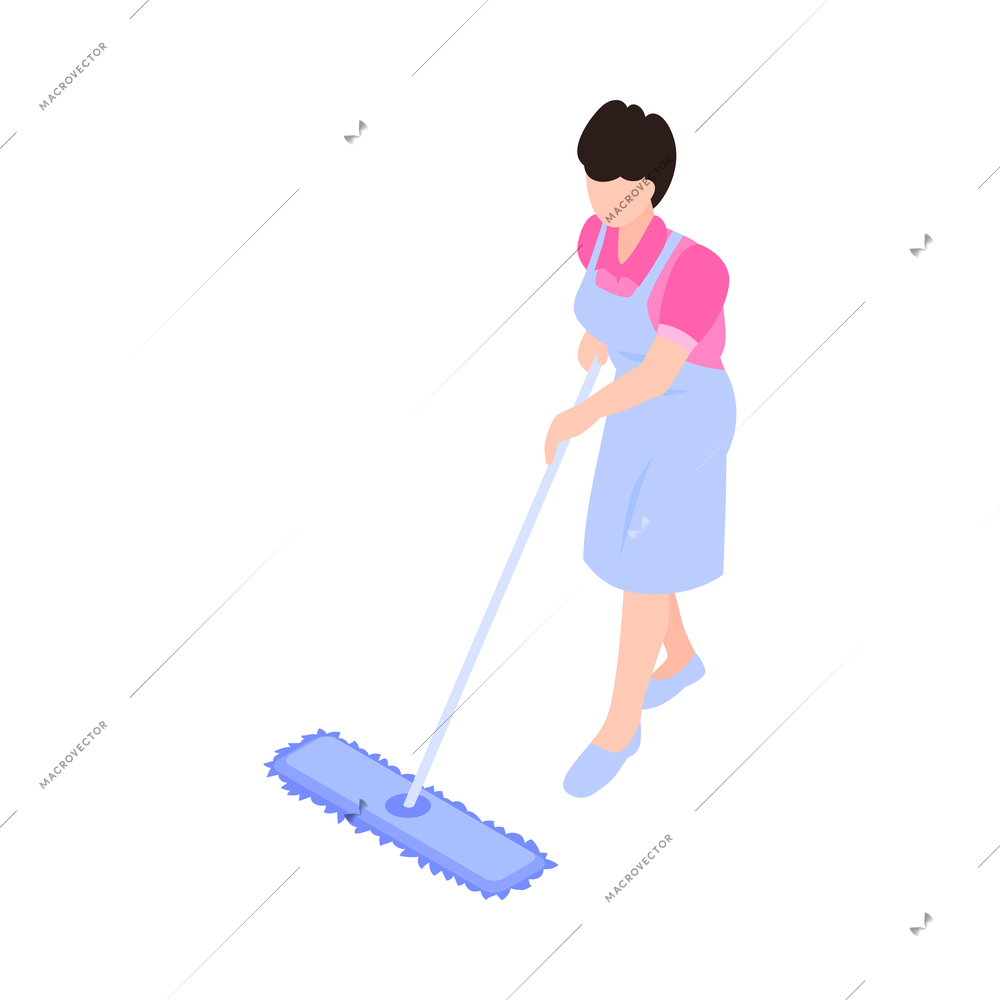 Isometric cleaning service icon with female cleaner mopping floor 3d vector illustration