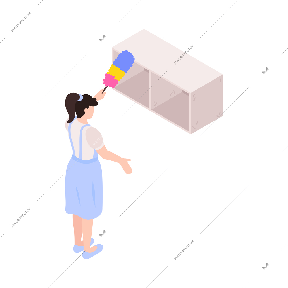 Isometric cleaning service worker dusting shelf with duster 3d vector illustration