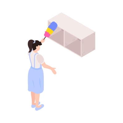 Isometric cleaning service worker dusting shelf with duster 3d vector illustration