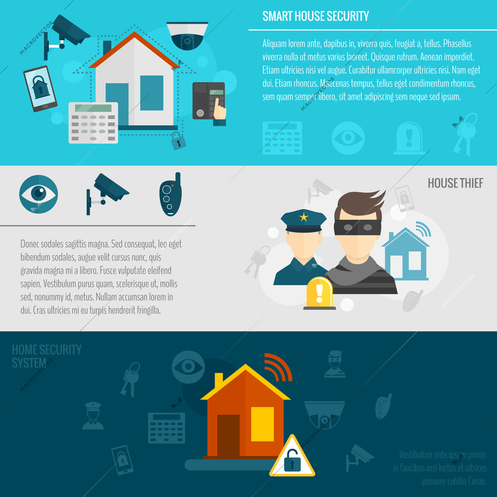 Home security flat banner set with smart house thief guard alarm system isolated vector illustration