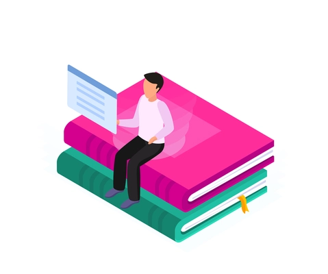 Online education isometric icon with character sitting on stack of books 3d vector illustration