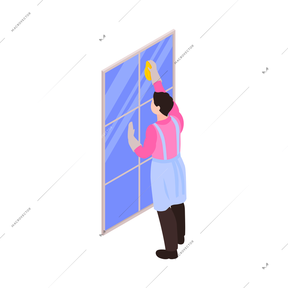 Isometric cleaning service worker washing window 3d vector illustration