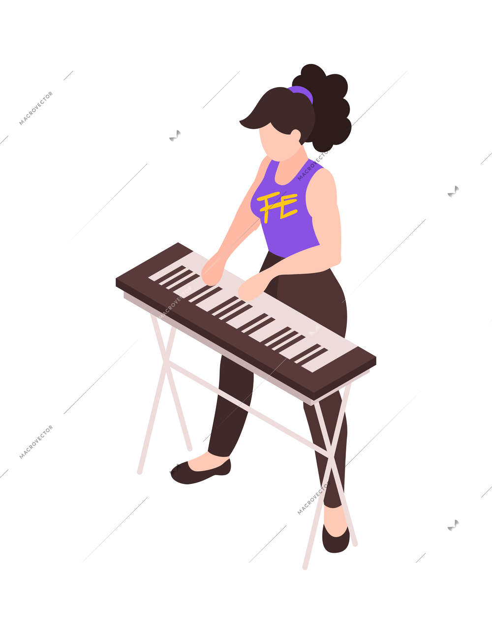 Female pop musician playing electric keyboard 3d isometric vector illustration