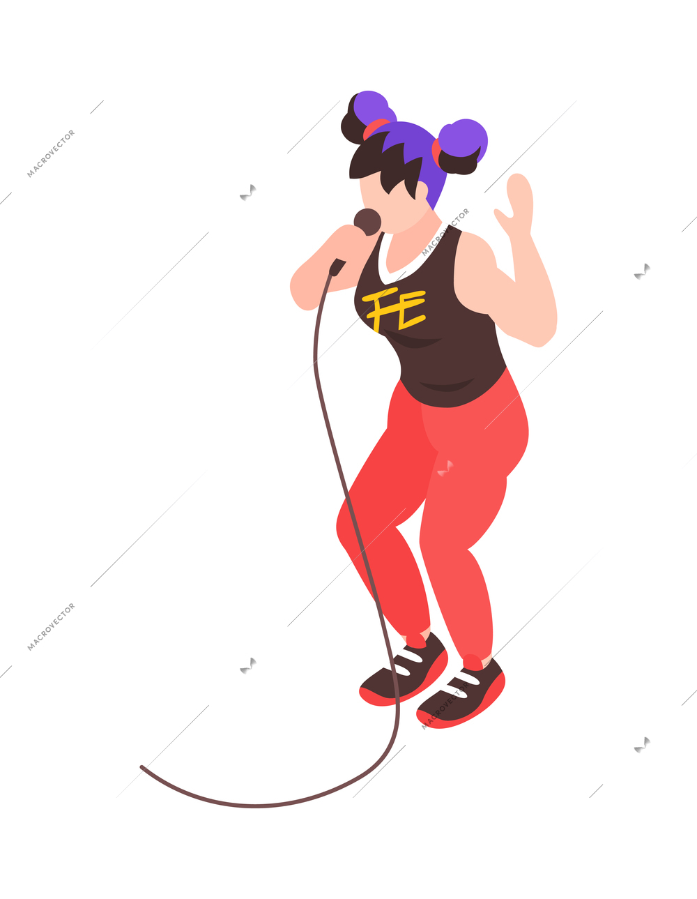 Isometric female pop singer singing with microphone 3d vector illustration