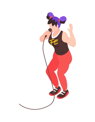 Isometric female pop singer singing with microphone 3d vector illustration
