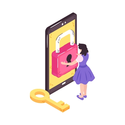 Isometric mobile data protection icon with lock on smartphone key and female character 3d vector illustration