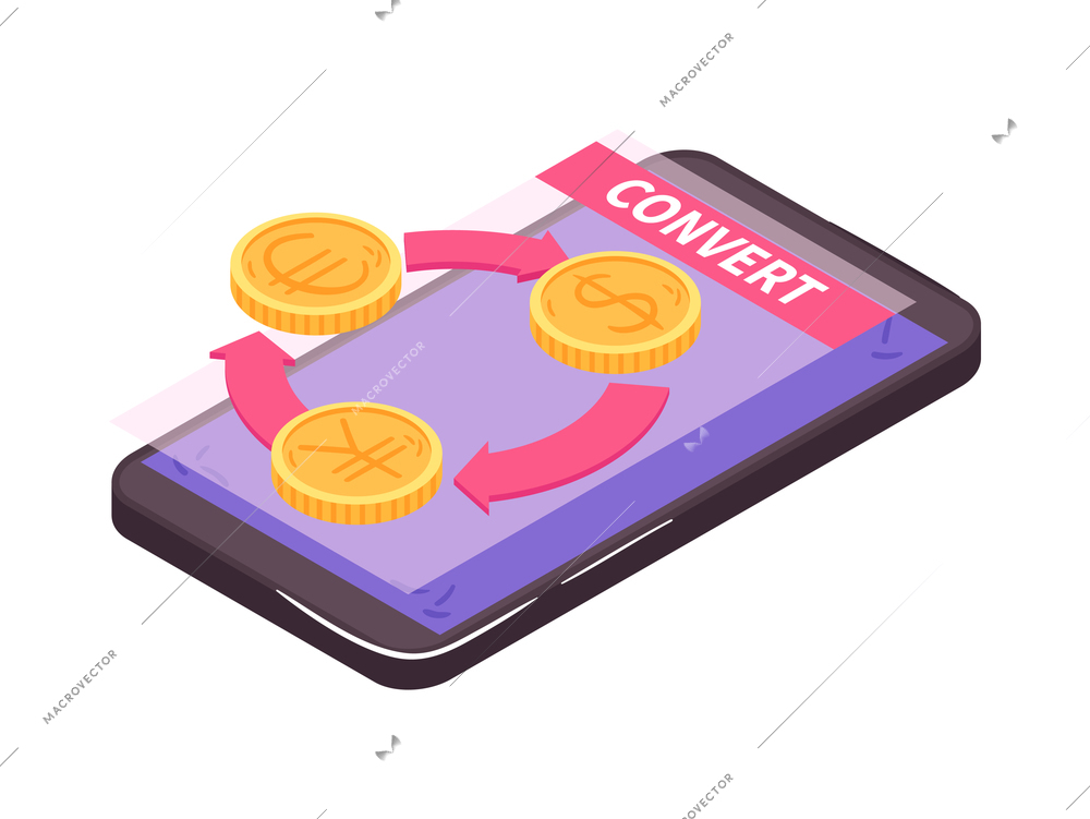 Mobile banking isometric icon with exchange currency in smartphone app 3d vector illustration