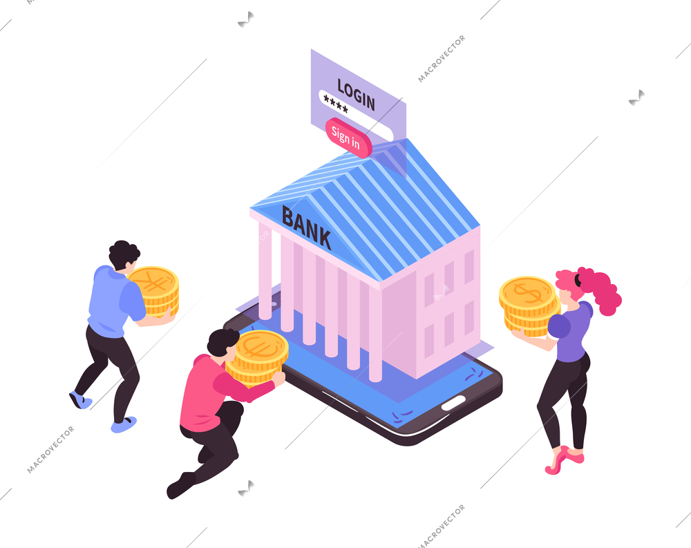 Online banking isometric concept icon with people depositing money in bank 3d vector illustration