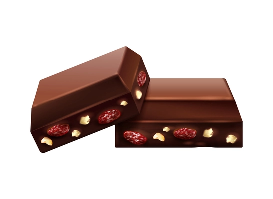 Realistic pieces of raisin and nut milk chocolate on white background vector illustration