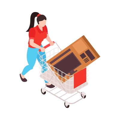 Supermarket isometric icon with female customer carrying shopping trolley with tv in cardboard box 3d vector illustration