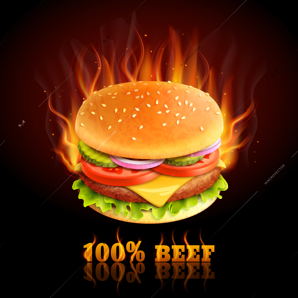 Realistic beef hamburger in fire hot fast food background vector illustration