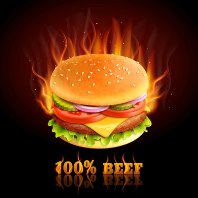 Realistic beef hamburger in fire hot fast food background vector illustration