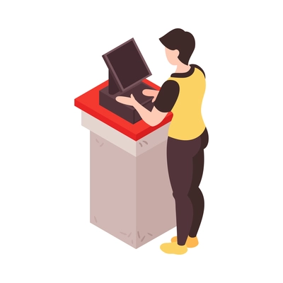 Isometric cashier or customer at cashdesk in supermarket back view 3d isometric vector illustration