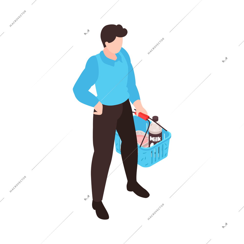 Isometric faceless man holding shopping basket with products in supermarket 3d vector illustration