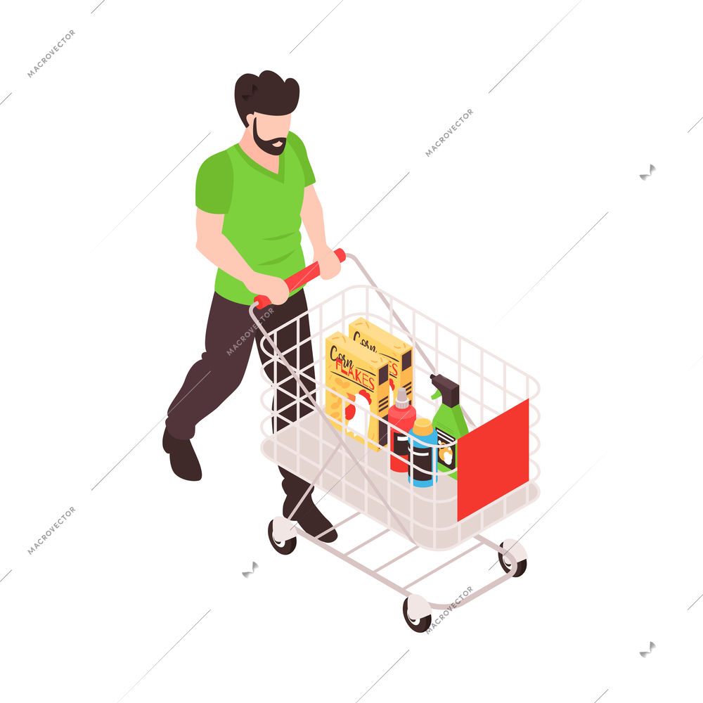 Isometric man with shopping trolley in supermarket 3d vector illustration