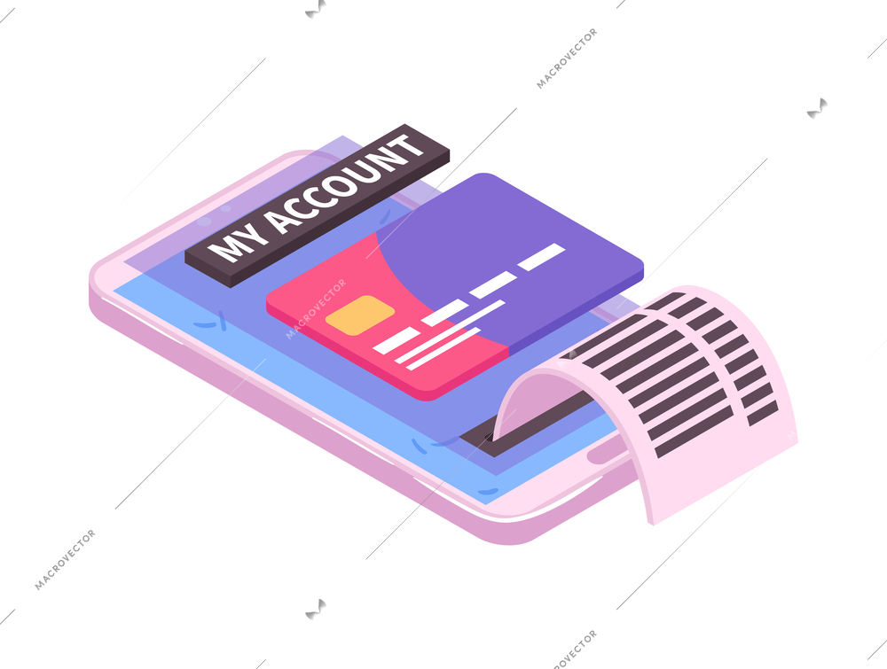 Mobile banking account isometric concept with smartphone credit card bill 3d vector illustration
