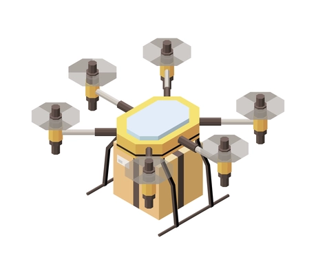 Isometric delivery drone with parcel 3d vector illustration