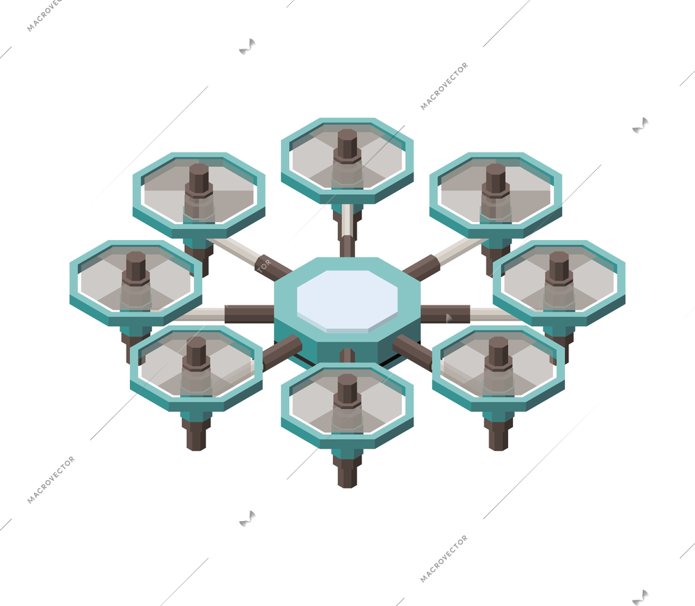 Isometric drone quadrocopter with eight propellers 3d vector illustration