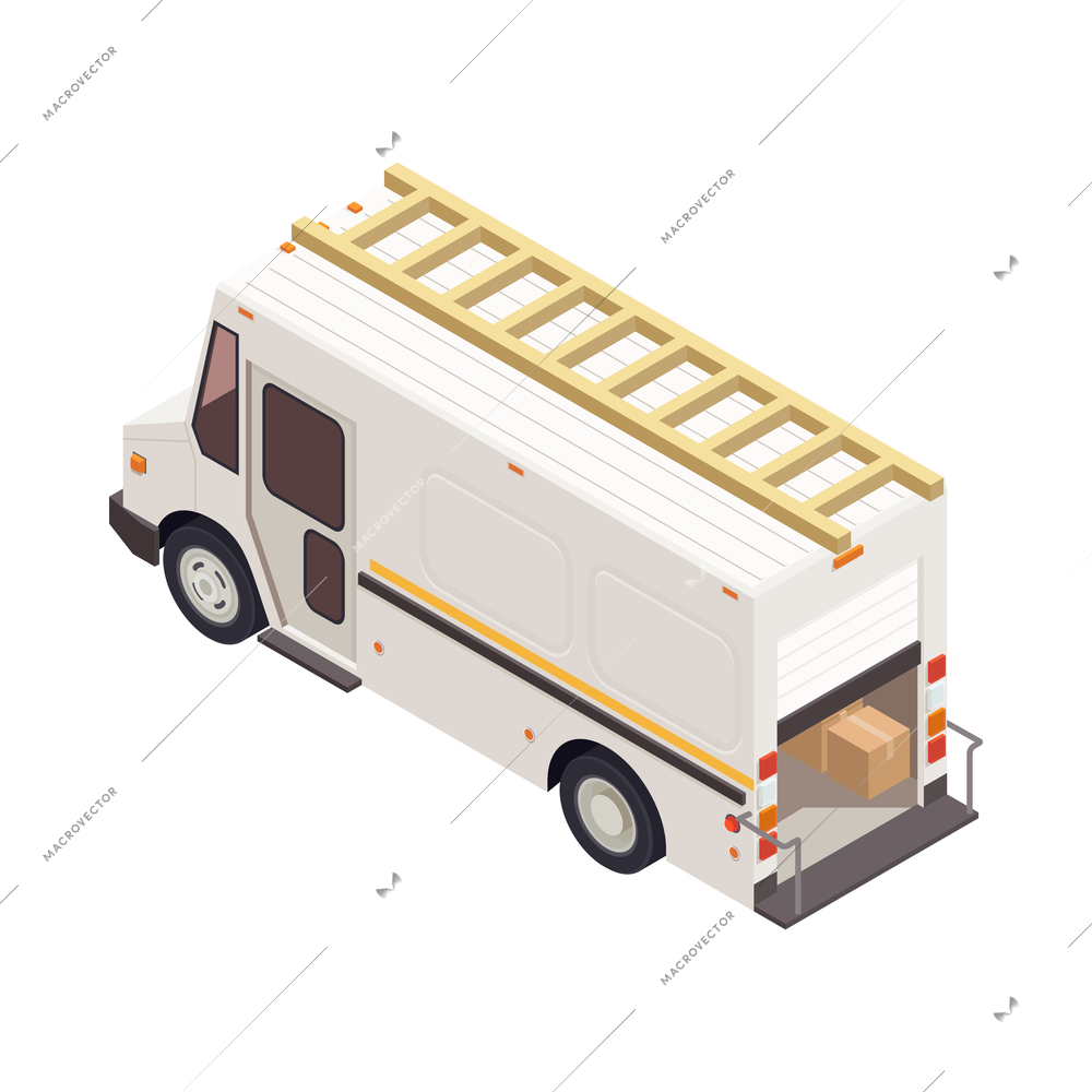 Isometric van with cardboard boxes inside and ladder on top 3d vector illustration