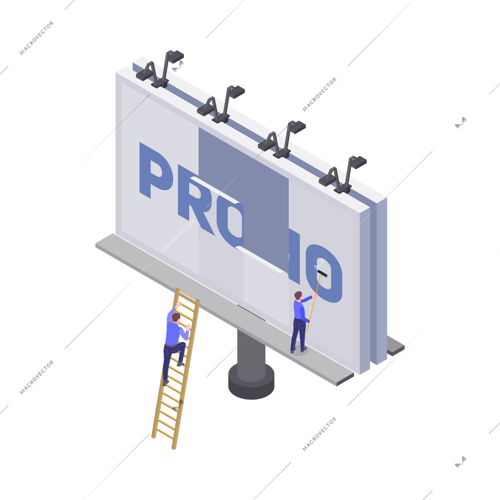 Two advertising agency workers sticking promotional poster on billboard with roller and ladder 3d isometric vector illustration