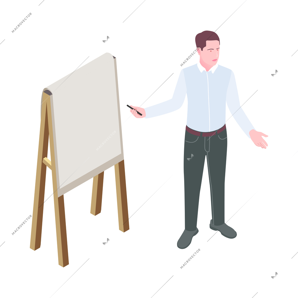 Man with blank white board speaking at business meeting 3d isometric vector illustration