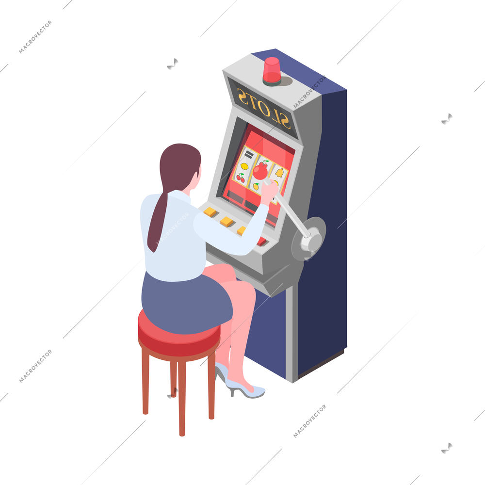 Isometric woman playing on slot machine in casino 3d vector illustration