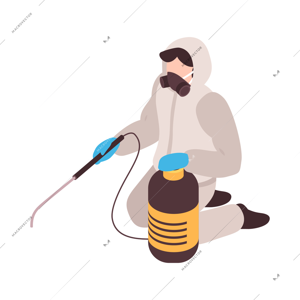 Pest control service worker in protective suit performing disinfection with sprayer 3d isometric vector illustration