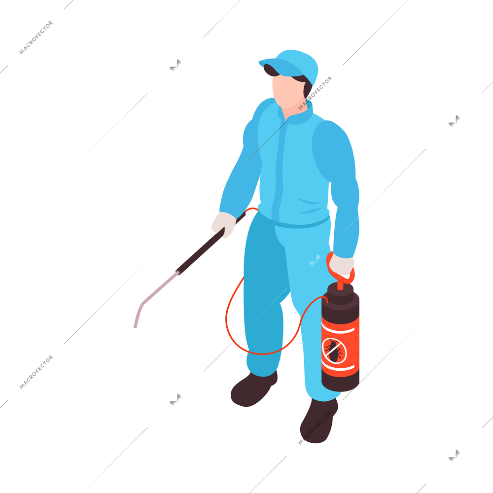 Pest control service worker holding sprayer with toxic pesticide 3d isometric vector illustration