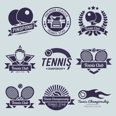 Tennis competition ping pong sport premiere league label black set isolated vector illustration