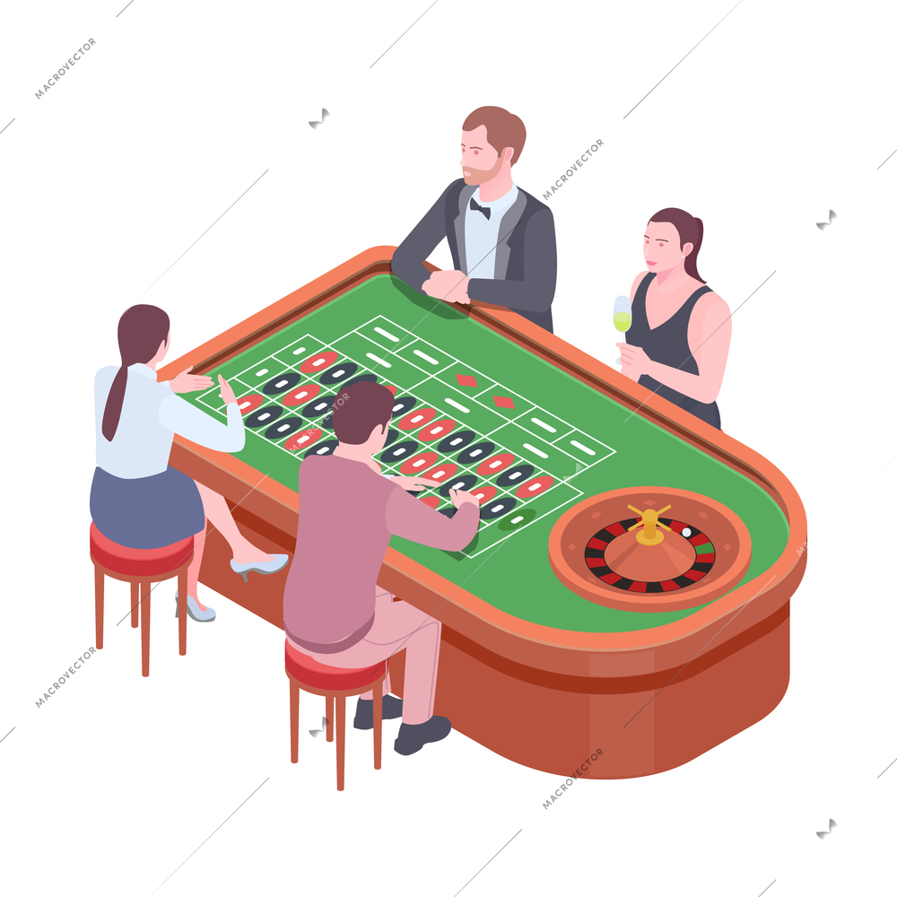 Men and women playing casino roulette 3d isometric vector illustration