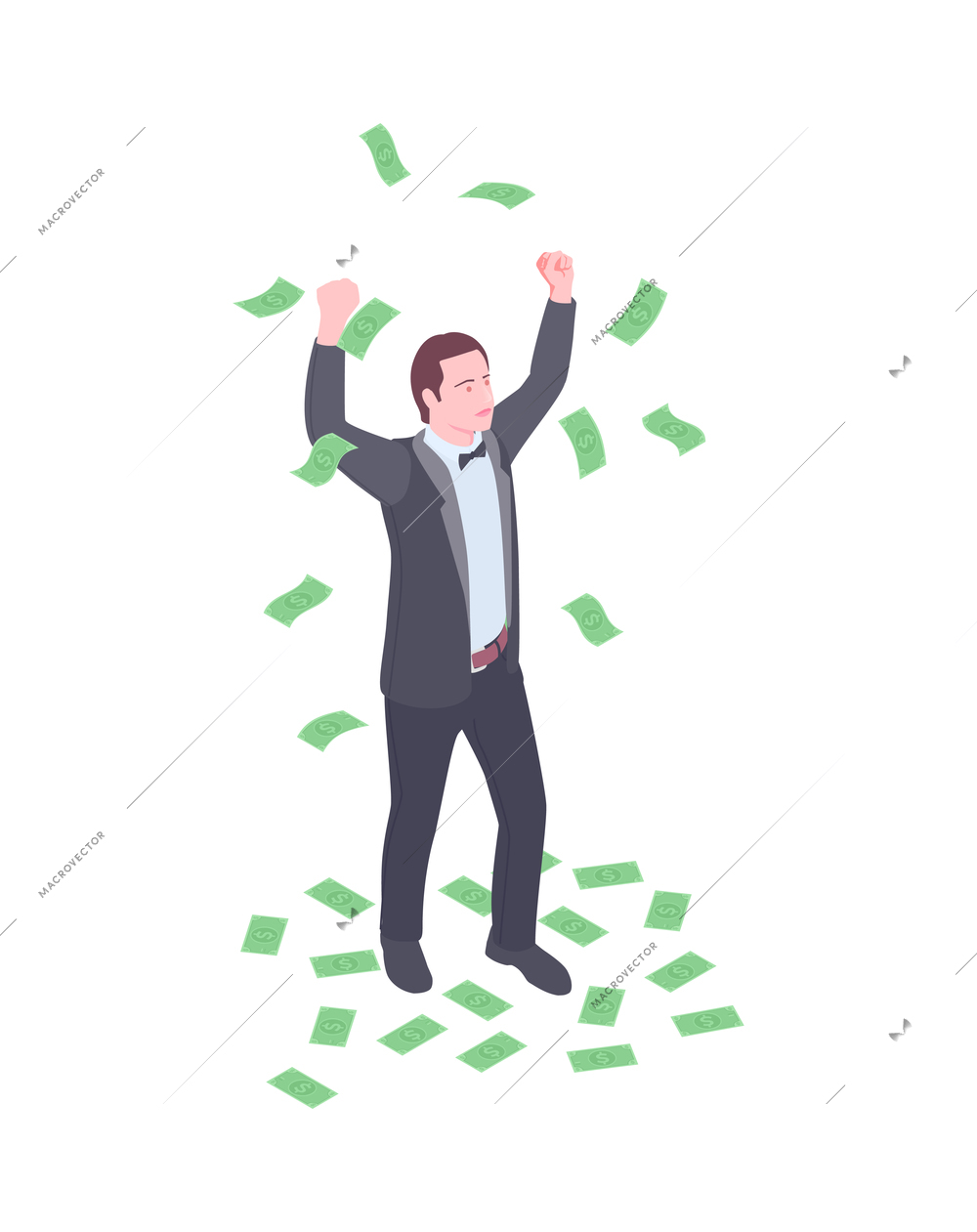 Isometric man throwing money up 3d vector illustration