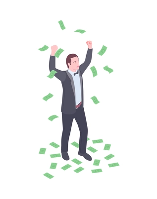 Isometric man throwing money up 3d vector illustration