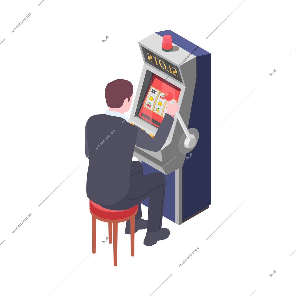 Man playing on slot machine in casino 3d isometric vector illustration