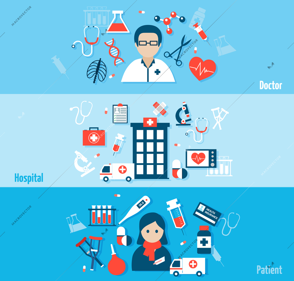 Medical flat banners set with doctor hospital patient element isolated vector illustration