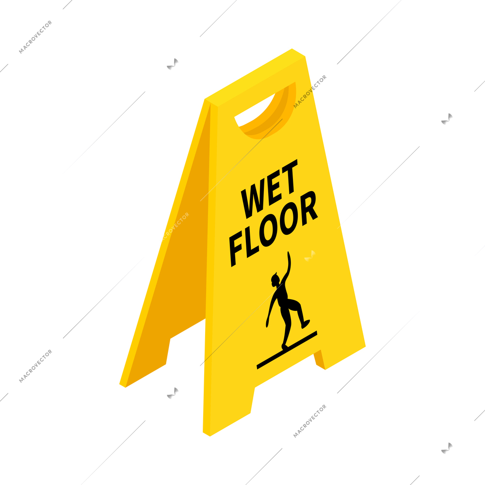 Wet floor yellow caution sign on white background 3d isometric vector illustration