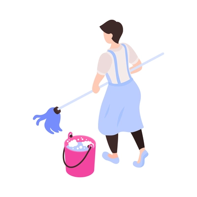 Isometric female cleaning service worker mopping floor with brush 3d vector illustration