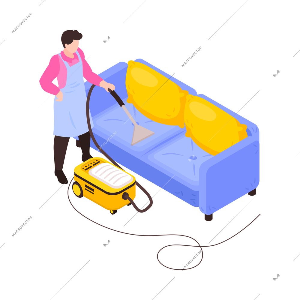 Cleaning service worker in uniform hoovering sofa 3d isometric vector illustration