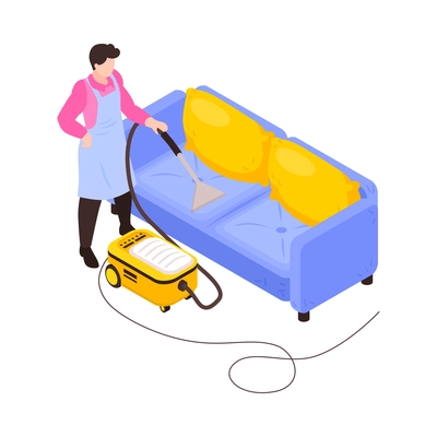 Cleaning service worker in uniform hoovering sofa 3d isometric vector illustration