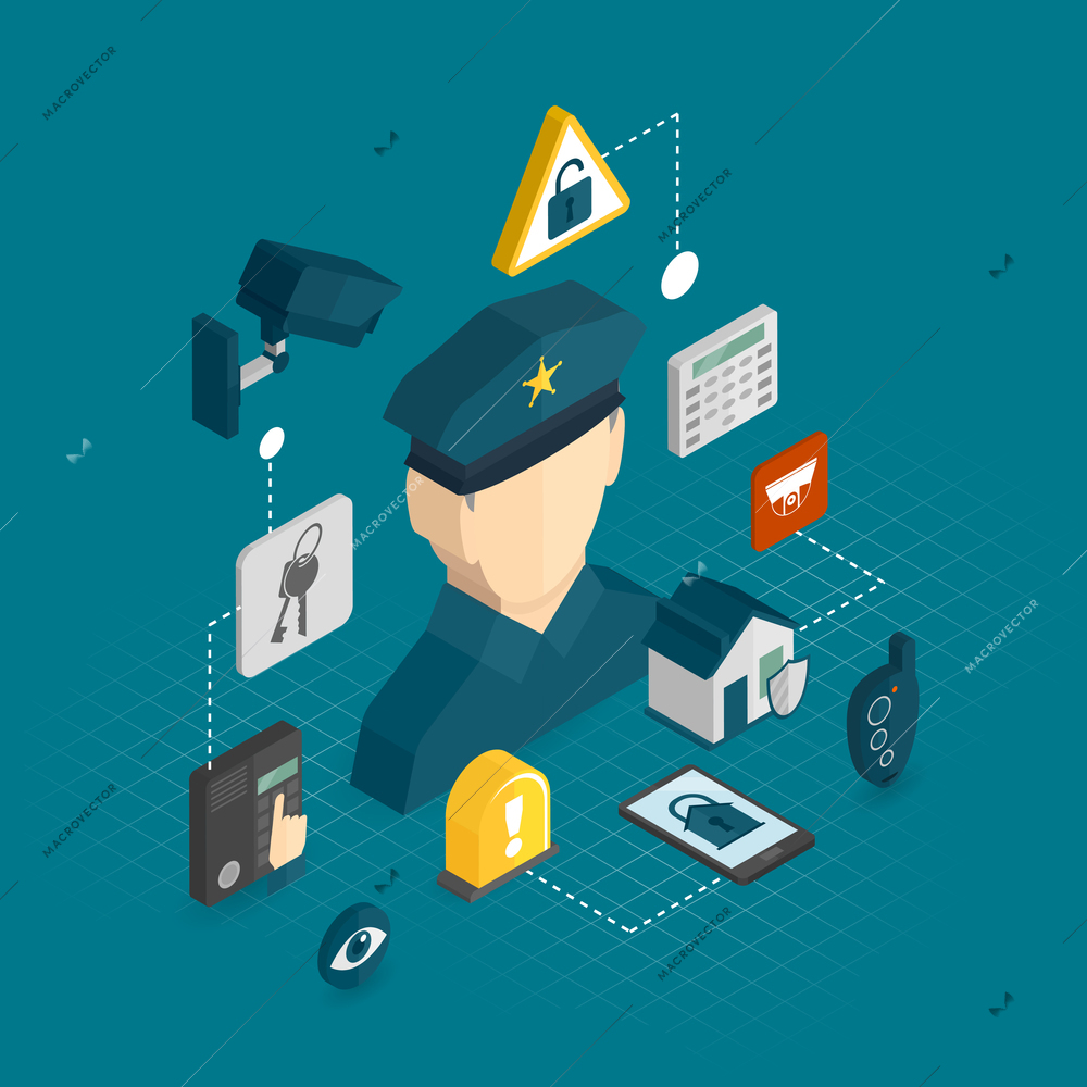 Home security smart house protection concept with isometric decorative icons set vector illustration