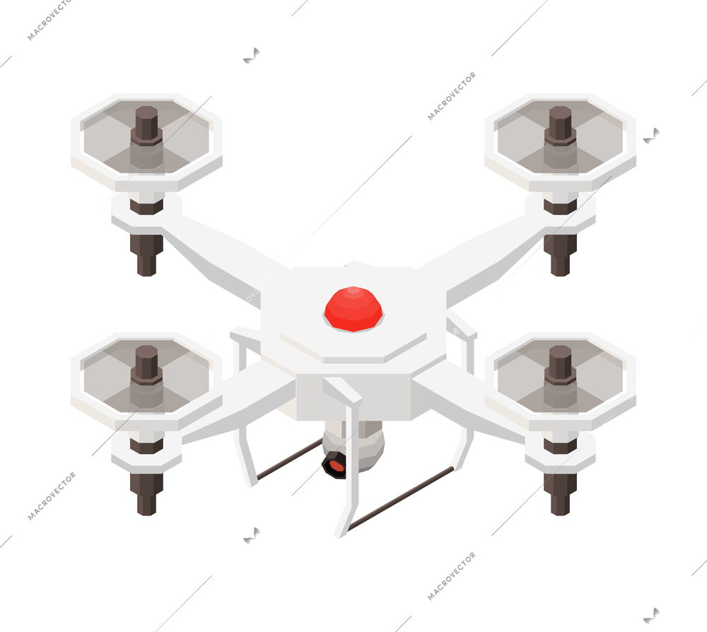 Isometric flying white quadrocopter with camera 3d vector illustration