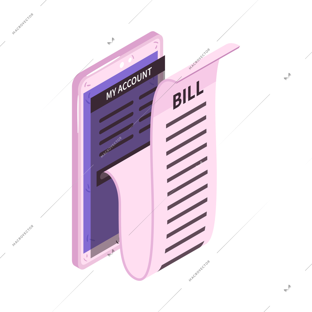 Isometric online mobile banking icon with smartphone and bill 3d vector illustration