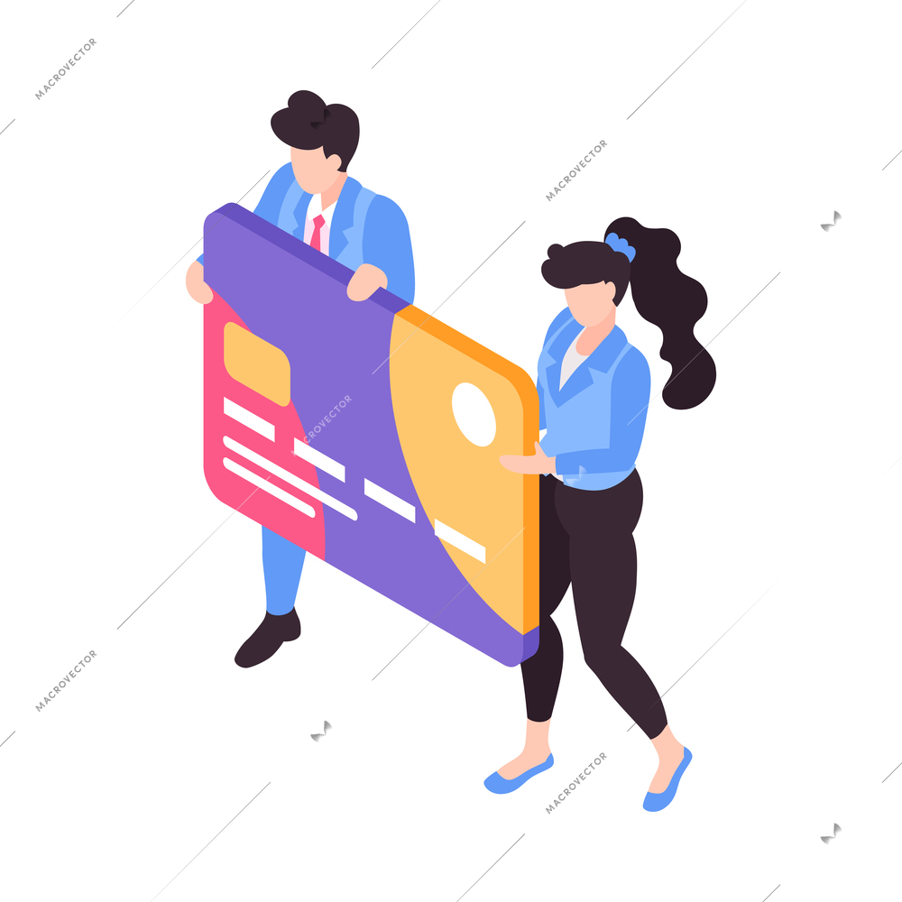 Isometric banking icon with two human characters holding plastic card 3d vector illustration