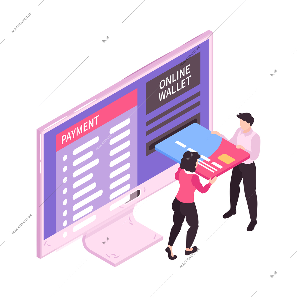 Mobile banking concept icon with two characters using online wallet 3d isometric vector illustration